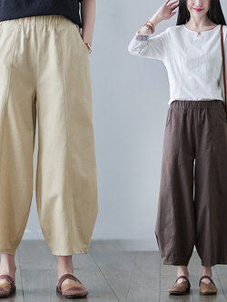 กางเกงผ้าลินิน กางเกงขายาว กางเกงผ้าลินินญี่ปุ่น กางเกงผ้าลินิน เอว ยางยืด By LZcotton and linen