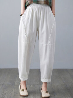 กางเกงผ้าลินิน กางเกงขายาว กางเกงผ้าลินินญี่ปุ่น กางเกงผ้าลินิน เอว ยางยืด By LZcotton and linen
