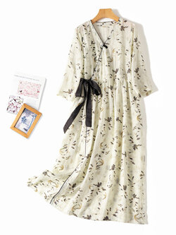 เดรสลินิน เดรสลินินเก๋ๆ เดรสผ้าฝ้าย เดรสลินินแขนสั้น ลายดอก BY LININ