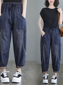 กางเกงยีนส์ญี่ปุ่น กางเกงยีนส์เอวยืด กางเกงยีนส์ขายาว By LZcotton and linen