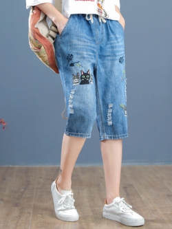 กางเกงยีนส์ ยีนส์สไตล์วินเทจ ปักลายด้าย