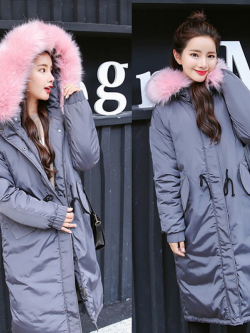 เสื้อกันหนาวฮู้ดดี้ ทรงยาว แต่งเฟอร์หนาฟู งานเกรดดีเหมือนแบบ บุนวมหนา อุ่นมาก หิมะก็เอาอยู่ (ถอดขนถอดฮู้ดได้) เทาฮู้ดชมพู