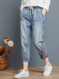 กางเกงยีนส์ ยีนส์สไตล์วินเทจ ปักลายด้าย