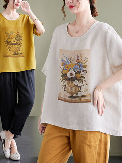 เสื้อทีเชิ้ตคนอ้วนผู้หญิงสไตล์คอตตอนลินินมีไซต์อก 47-48 นิ้ว