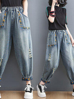 กางเกงยีนส์ญี่ปุ่น กางเกงยีนส์เอวยืด กางเกงยีนส์ขายาว By LZcotton and linen