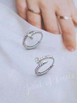 ต่างหูเงินแท้ S925 รุ่น True ต่างหูห่วงตะปู เพชร CZ สูง12.5mm ตุ้มหูเงินแท้ทั้งชิ้น Silver925