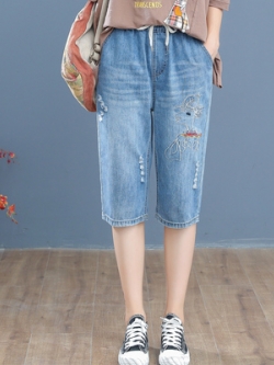 กางเกงยีนส์ ยีนส์สไตล์วินเทจ ปักลายด้าย