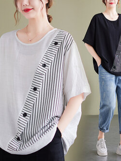 เสื้อทีเชิ้ตคนอ้วนผู้หญิงสไตล์คอตตอนลินินมีไซต์อก 47-48 นิ้ว