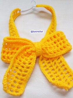 Bancrochet ที่คาดผมถักโครเชต์ โบว์ถักคาดผม Crochet Bow Headband เหลืองเชอเบท 5 inch