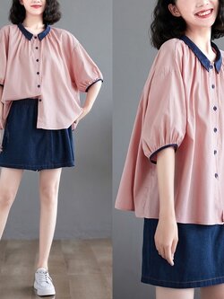 เสื้อทีเชิ้ตคนอ้วนผู้หญิงสไตล์คอตตอนลินินมีไซต์อก 47-48 นิ้ว