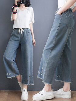 กางเกงยีนส์ญี่ปุ่น กางเกงยีนส์เอวยืด กางเกงยีนส์ขายาว By LZcotton and linen