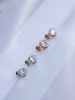 ต่างหูเงินแท้ S925 รุ่น Moon ต่างหูก้านเสียบ จิวกลม เพชรCZ แป้นหลังบอลกลม สีเงิน สีพิงค์โกลด์ ตุ้มหูมินิมอล