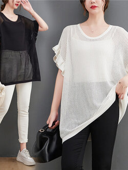 เสื้อทีเชิ้ตคนอ้วนผู้หญิงสไตล์คอตตอนลินินมีไซต์อก 47-48 นิ้ว