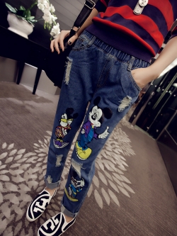 กางเกงยีนส์ สกรีนลายมิกกี้เมาส์ แต่งขาดๆ แนวๆ ทรงสวย พร้อมส่ง same pic
