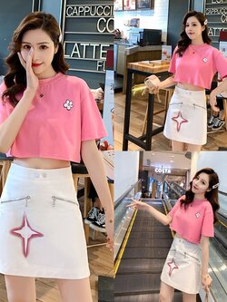 Set_bs1772 ชุดเซ็ท 2 ชิ้น(เสื้อ+กระโปรง) เสื้อครอปสีชมพูผ้าคอตตอนเนื้อนุ่มยืดหยุ่นสูง+กระโปรงทรงเอซิปหลังสีขาวแต่งซิปผ้าคอตตอนโพลีมีซับใน งานเซ็ทเข้าชุดสุดน่ารัก ดีเทลเก๋ๆ ดีงาม แมทช์ได้ลงตัวเข้ากันดูดีที่สุด