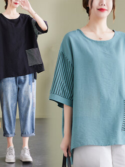 เสื้อทีเชิ้ตคนอ้วนผู้หญิงสไตล์คอตตอนลินินมีไซต์อก 47-48 นิ้ว