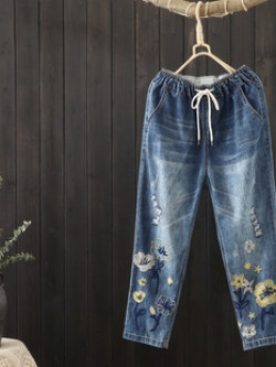 กางเกงยีนส์ปักลายด้าย สไตล์วินเทจ