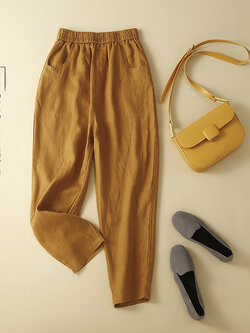 กางเกงผ้าลินิน กางเกงขายาว กางเกงผ้าลินินญี่ปุ่น กางเกงผ้าลินิน เอว ยางยืด By LZcotton and linen