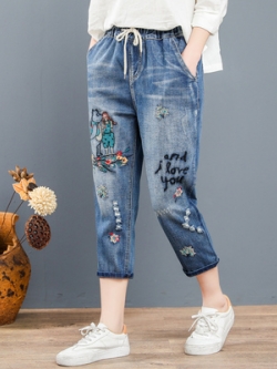 กางเกงยีนส์ ยีนส์สไตล์วินเทจ ปักลายด้าย