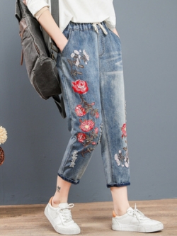 กางเกงยีนส์ ยีนส์สไตล์วินเทจ ปักลายด้าย