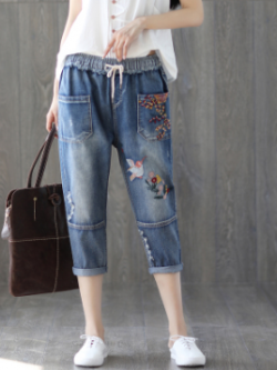 กางเกงยีนส์ ยีนส์สไตล์วินเทจ ปักลายด้าย