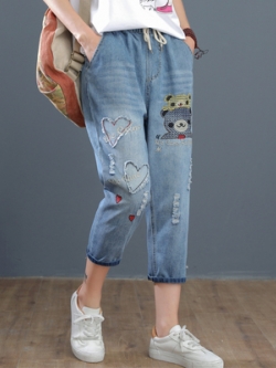 กางเกงยีนส์ ยีนส์สไตล์วินเทจ ปักลายด้าย