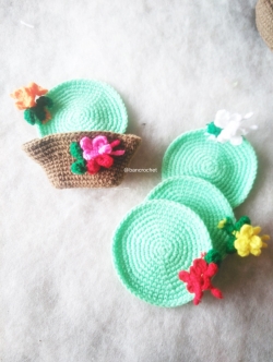 Bancrochet ที่รองแก้ว/ที่รองจานถักโครเชต์ ลายดอกบานบุรี crochet coaster/crochet table mat สีเขียว 4 นิ้ว