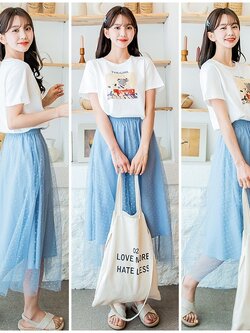 Set_bs1793 ชุดเซ็ท 2 ชิ้น(เสื้อ+กระโปรง) เสื้อยืดแขนสั้นสีขาวอกแต่งลายน่ารักผ้าคอตตอนเนื้อดีนุ่มยืดเยอะ+กระโปรงยาวผ้ามุ้งสีฟ้าลายจุดเล็กเอวยืดมีซับใน งานสวยใส่ง่ายน่ารักมาก แมทช์ได้ลงตัว เซ็ทสองชิ้นสวยคุ้ม