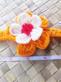 Bancrochet ที่คาดผมถักโครเชต์ ดอกไม้ถักคาดผม Crochet Flower Headband ส้มขาว 7x6 Inch
