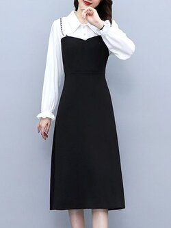 ชุดเดรสคนอ้วนแขนยาว ชุดเดรสคนอ้วนสไตล์เกาหลี เดรสแขนยาว