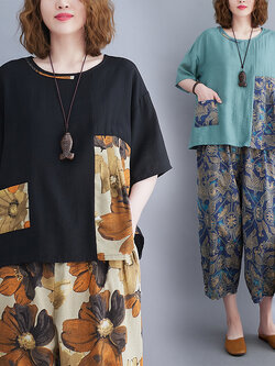 เสื้อทีเชิ้ตคนอ้วนผู้หญิงสไตล์คอตตอนลินินมีไซต์อก 47-48 นิ้ว