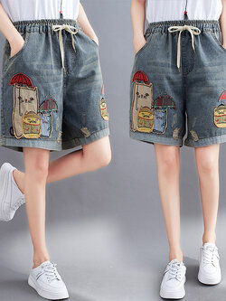 กางเกงยีนส์เอวยืด กางเกงยีนส์ขาสั้น กางเกงยีนส์ญี่ปุ่น By LZcotton and linen