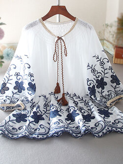 เสื้อลินิน เสื้อผ้าฝ้ายลินิน เสื้อเชิ้ตผ้าลินิน ปักลายสวยๆด้วยด้าย สไตล์VINTAGE