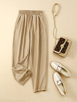 กางเกงผ้าลินิน กางเกงขายาว กางเกงผ้าลินินญี่ปุ่น กางเกงผ้าลินิน เอว ยางยืด By LZcotton and linen