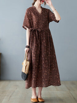 เดรสลินิน เดรสลินินเก๋ๆ เดรสผ้าฝ้าย เดรสลินินแขนสั้น ลายดอก BY LININ