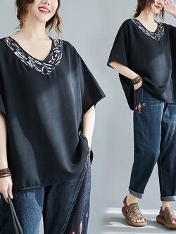 เสื้อทีเชิ้ตคนอ้วนผู้หญิงสไตล์คอตตอนลินินมีไซต์อก 47-48 นิ้ว