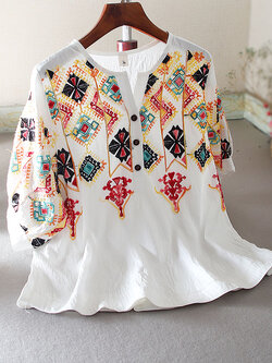 เสื้อลินิน เสื้อผ้าฝ้ายลินิน เสื้อเชิ้ตผ้าลินิน ปักลายสวยๆด้วยด้าย สไตล์VINTAGE