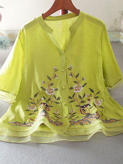 เสื้อลินิน เสื้อผ้าฝ้ายลินิน เสื้อเชิ้ตผ้าลินิน ปักลายสวยๆด้วยด้าย สไตล์VINTAGE