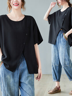 เสื้อทีเชิ้ตคนอ้วนผู้หญิงสไตล์คอตตอนลินินมีไซต์อก 47-48 นิ้ว