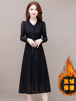 ชุดเดรสคนอ้วนแขนยาว ชุดเดรสคนอ้วนสไตล์เกาหลี เดรสแขนยาว