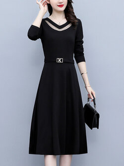 ชุดเดรสคนอ้วนแขนยาว ชุดเดรสคนอ้วนสไตล์เกาหลี เดรสแขนยาว