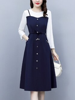 ชุดเดรสคนอ้วนแขนยาว ชุดเดรสคนอ้วนสไตล์เกาหลี เดรสแขนยาว