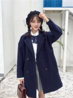เสื้อโค้ทกันหนาว สไตล์นักเรียนเกาหลี ผ้าวูลผสมเนื้อดี เนื้อกำลังดีเป็นทรงไม่หนัก พร้อมส่ง DARK BLUE