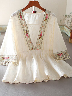 เสื้อลินิน เสื้อผ้าฝ้ายลินิน เสื้อเชิ้ตผ้าลินิน ปักลายสวยๆด้วยด้าย สไตล์VINTAGE