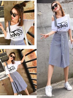Set_bs1789 ชุดเซ็ท 2 ชิ้น(เสื้อ+กระโปรง) เสื้อทรงโอเวอร์ไซส์เปิดไหล่เฉียงแต่งสายบ่าเข็มขัดผ้าคอตตอนเนื้อนุ่มยืดหยุ่นสูง+กระโปรงยาวลายริ้วสีขาวกรมซิปหลังผ้าโพลีเนื้อดีใส่สบาย งานเซ็ทเข้าชุดสุดน่ารัก ดีเทลเก๋ๆ ดีงาม แมทช์ได้ลงตัวเข้ากันดูดี