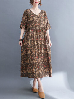 เดรสลินิน เดรสลินินเก๋ๆ เดรสผ้าฝ้าย เดรสลินินแขนสั้น ลายดอก BY LININ