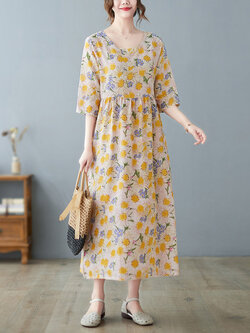 เดรสลินิน เดรสลินินเก๋ๆ เดรสผ้าฝ้าย เดรสลินินแขนสั้น ลายดอก BY LININ