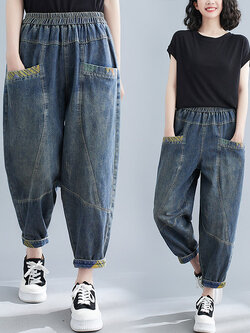 กางเกงยีนส์ญี่ปุ่น กางเกงยีนส์เอวยืด กางเกงยีนส์ขายาว By LZcotton and linen