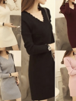 เสื้อไหมพรม ตัวยาว ผ้าร่อง คอวี พร้อมส่ง