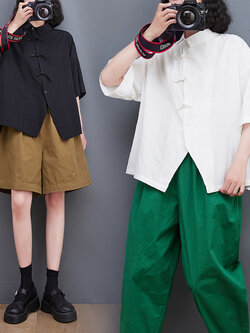 เสื้อทีเชิ้ตคนอ้วนผู้หญิงสไตล์คอตตอนลินินมีไซต์อก 47-48 นิ้ว